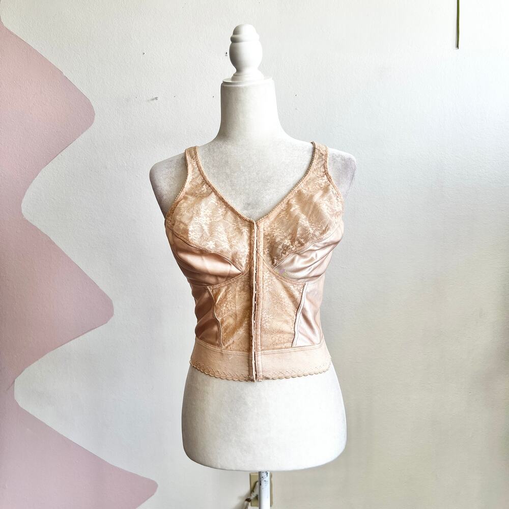 Exquisite Form Longline‎ Bra Tan 36DD Vintage Pin Up Retro Corset Style Bustier